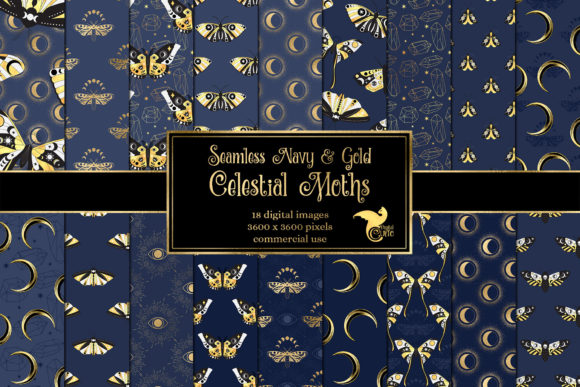 Navy and Gold Celestial Moth Patterns in Design