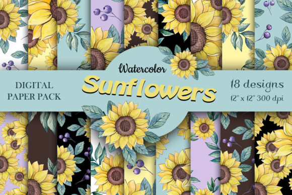Watercolor Sunflowers Seamless Patterns
